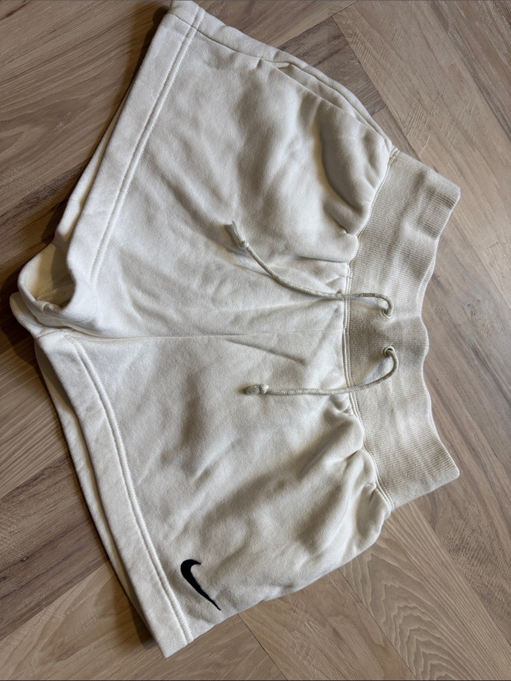 Nike White Fleece shorts with Black Swoosh Tag